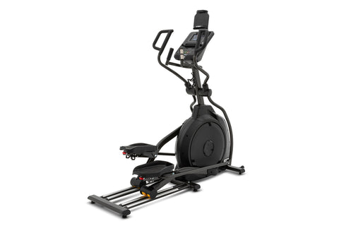 Black Spirit XE295 elliptical machine with digital console, curved handlebars, and footpedals on white background