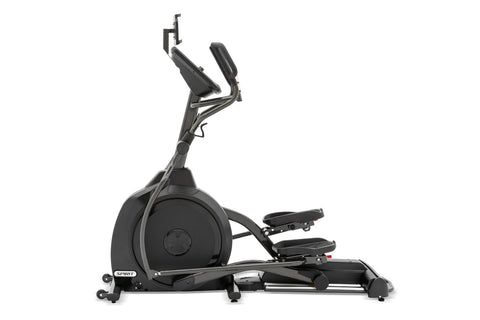 Black elliptical exercise machine with digital console display, dual handles, and footrests on white background