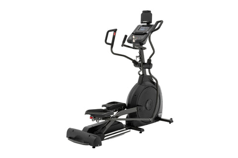 Black elliptical exercise machine with digital console display, dual handles, and footrests on white background