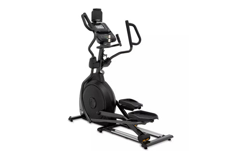 Black Spirit XE795 elliptical machine with digital console, dual handles, and foot pedals on white background