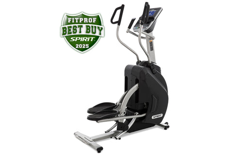 Spirit XS895 black and silver elliptical stepper trainer with digital display and dual handles, FitProf Best Buy award badge 