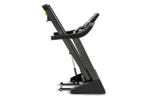 Black Spirit XT185 treadmill with dual handles, digital console display, and cushioned running deck on white background