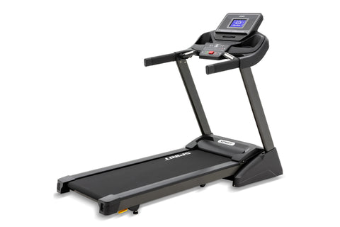 Black Spirit XT185 treadmill with dual handles, digital console display, and cushioned running deck on white background