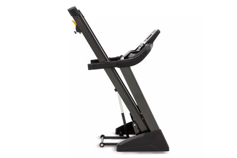 Black Spirit XT285 treadmill with digital console display, cushioned running deck, and dual handlebar grips on white backgrou