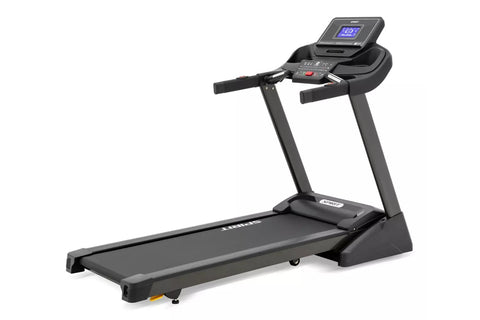 Black Spirit XT285 treadmill with digital console display, cushioned running deck, and dual handlebar grips on white backgrou