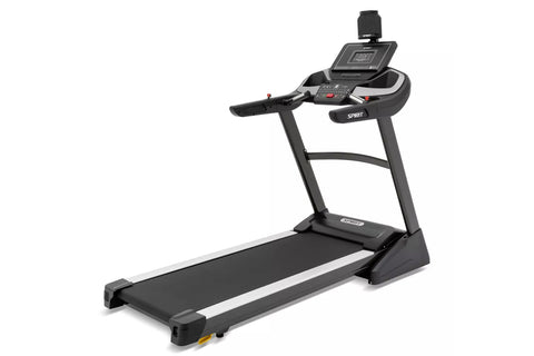 Spirit XT385 black treadmill with digital console, white accent stripe, and attached tablet holder on white background