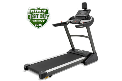 Spirit XT385 black treadmill with digital console, white accent stripe, and attached tablet holder on white background