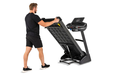 Black Spirit XT485 treadmill with digital display console, dual handlebars, and white stripe on running deck, Fitprof Best Bu