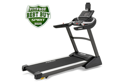 Black Spirit XT485 treadmill with digital display console, dual handlebars, and white stripe on running deck, Fitprof Best Bu