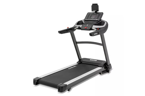 Spirit XT685 black treadmill with digital display console, padded running deck, and white accent stripe on white background