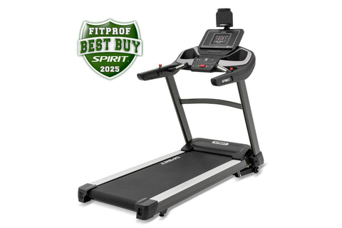 Spirit XT685 black treadmill with digital display console, padded running deck, and white accent stripe on white background