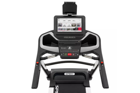 Spirit XT685ENT treadmill with black frame, white accents, digital display console, and tablet holder on white background