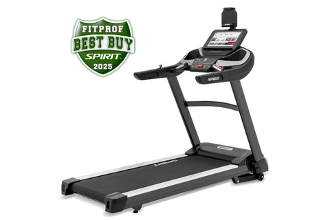 Spirit XT685ENT treadmill with black frame, white accents, digital display console, and tablet holder on white background