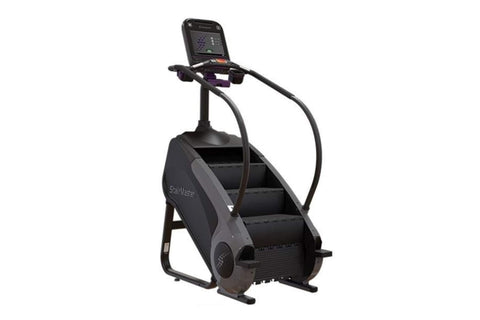 Black StairMaster Gauntlet 8G StepMill with digital display console, handrails, and stepped climbing platform on white backgr