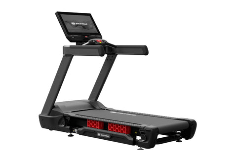 Black Star Trac treadmill with digital display console, cushioned running deck, and red accent lighting on white background