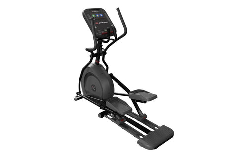 Black elliptical cross trainer with digital display console, handlebar grips, and foot pedals on white background