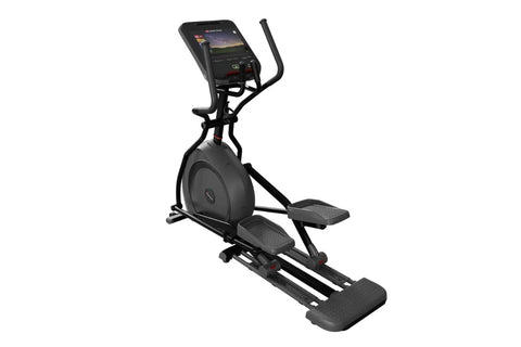 Black elliptical cross trainer with digital display console, handlebar grips, and foot pedals on white background