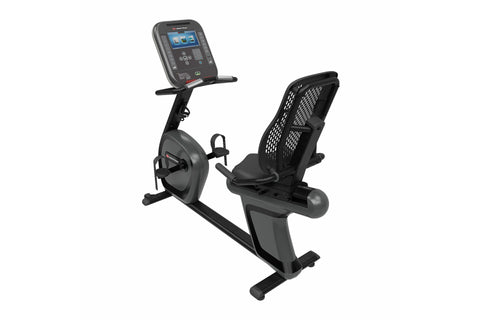 Star Trac 4RB recumbent stationary bike with black mesh backrest, digital touchscreen console, and gray base on white backgro