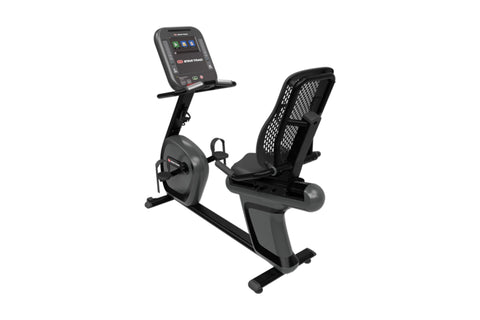 Star Trac 4RB recumbent stationary bike with black mesh backrest, digital touchscreen console, and gray base on white backgro