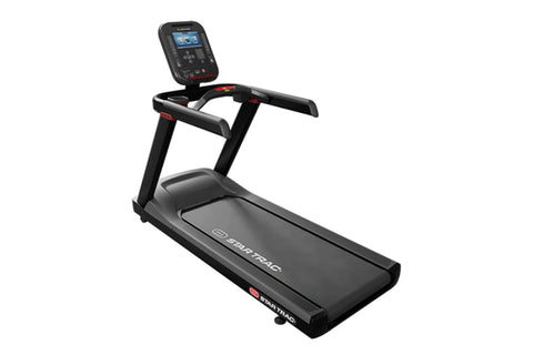 Star Trac black treadmill with digital display console, handrails, and cushioned running deck on white background