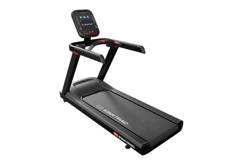 Star Trac black treadmill with digital display console, handrails, and cushioned running deck on white background