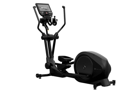 Black Star Trac elliptical cross trainer with digital display console, dual handles, and large wheel base on white background