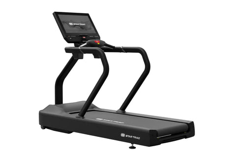 Star Trac 8TR black treadmill with digital display console, cushioned running deck, and dual handrails on white background