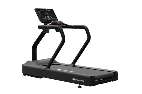 Star Trac 8TR black treadmill with digital display console, cushioned running deck, and dual handrails on white background
