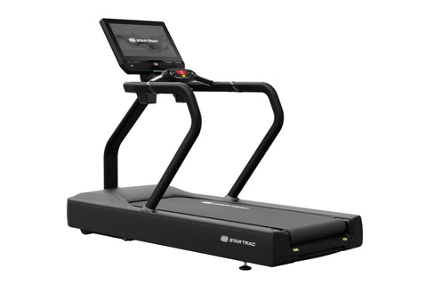 Star Trac 8TRx black treadmill with digital display console and curved handrails on white background
