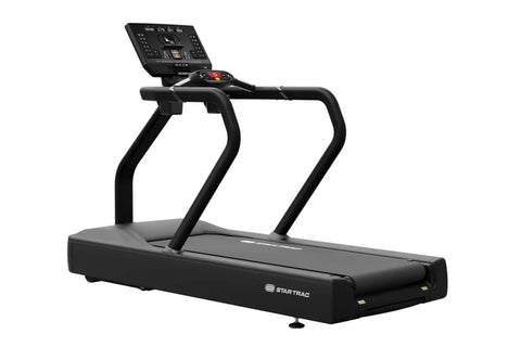 Star Trac 8TRx black treadmill with digital display console and curved handrails on white background