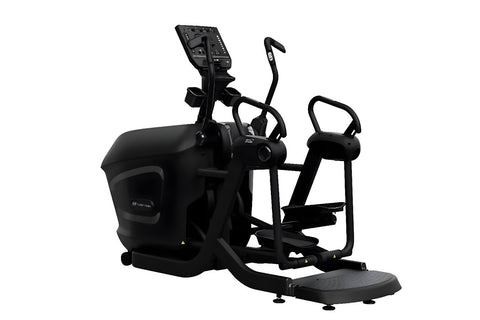 Black Star Trac elliptical machine with digital console, dual handles, and footplates on white background