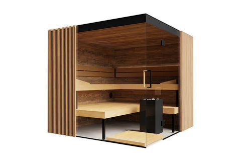 Corner sauna with light wood exterior, glass door, interior wooden benches, and black control panel in modern bathroom settin