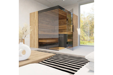 Corner sauna with light wood exterior, glass door, interior wooden benches, and black control panel in modern bathroom settin