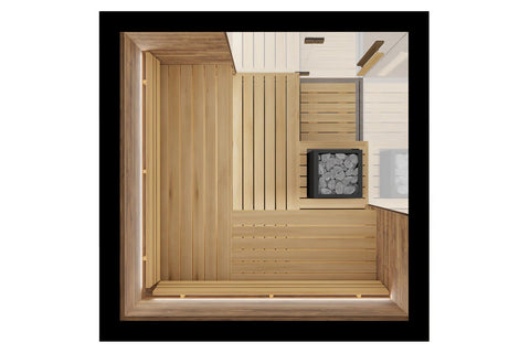 Thermasol Astra indoor sauna with warm wood exterior, glass doors, and bench seating in modern bathroom setting