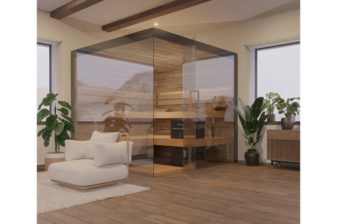 Thermasol Lumaria indoor sauna with walnut wood interior, glass enclosure, and black metal frame in modern bathroom setting