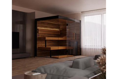 Thermasol Lumaria indoor sauna with walnut wood interior, glass enclosure, and black metal frame in modern bathroom setting