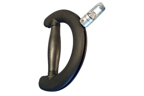 Black cushioned cable handle with metal connector and rotating attachment point, shown on white background