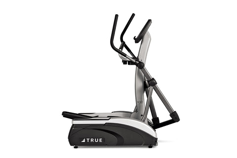 True M30 elliptical trainer with silver frame, black handles, and foot pedals on white background