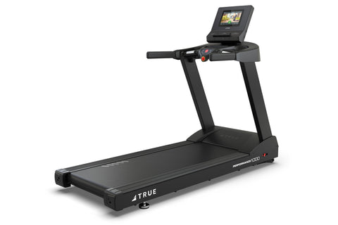 Black TRUE Performance 1000 treadmill with digital console display and touchscreen mounted on handlebar, white background