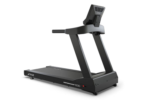 Black TRUE Performance 1000 treadmill with digital console display and touchscreen mounted on handlebar, white background