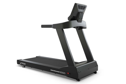 Black TRUE Performance 3000 treadmill with digital touchscreen display, control console, and wide running deck on white backg