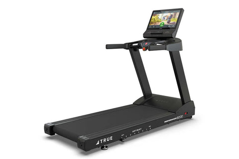 True Performance 8000 black treadmill with digital touchscreen display, cushioned running deck, and integrated control consol