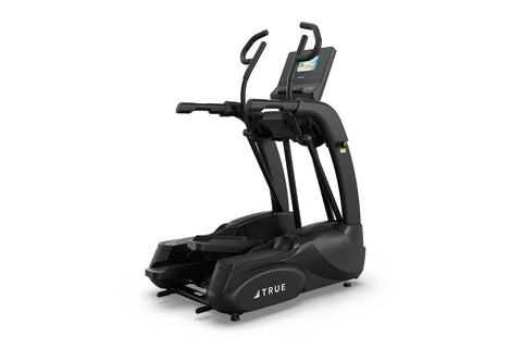 Black TRUE elliptical machine with digital display console, curved foot pedals, and dual upper body handles on white backgrou
