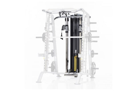 Tuffstuff Hi/Lo Pulley System with 200lb weight stack, featuring black and yellow dual pulley cables on white background