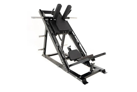Black and silver leg press hack squat machine with padded backrest, footplate, and dual shoulder supports on white background