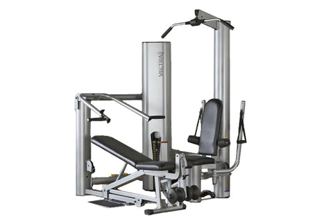 Vectra On-Line 1450 home gym with silver steel frame, black padded seat and backrest, multiple exercise stations, on white ba