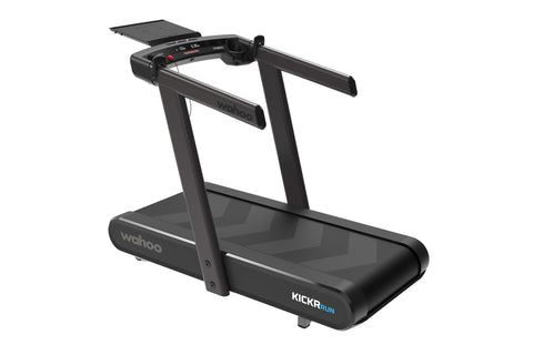 Wahoo KICKR RUN smart treadmill with black frame, digital display console, and cushioned running deck on white background