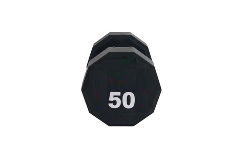 Pair of black 12-sided urethane dumbbells with chrome handles, marked 25 pounds, on white background