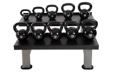 Warrior 2-Tier Commercial Kettlebell Rack with ten black kettlebells labeled 10 to 50 lbs, on white background