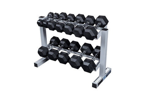 Silver 2-tier horizontal dumbbell rack with black foot pads and handles, displayed on white background